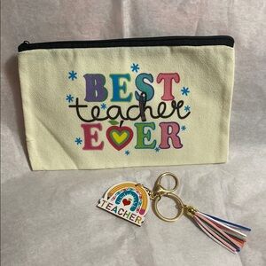 Best Teacher Ever Cosmetic Bag with rainbow tassel keychain